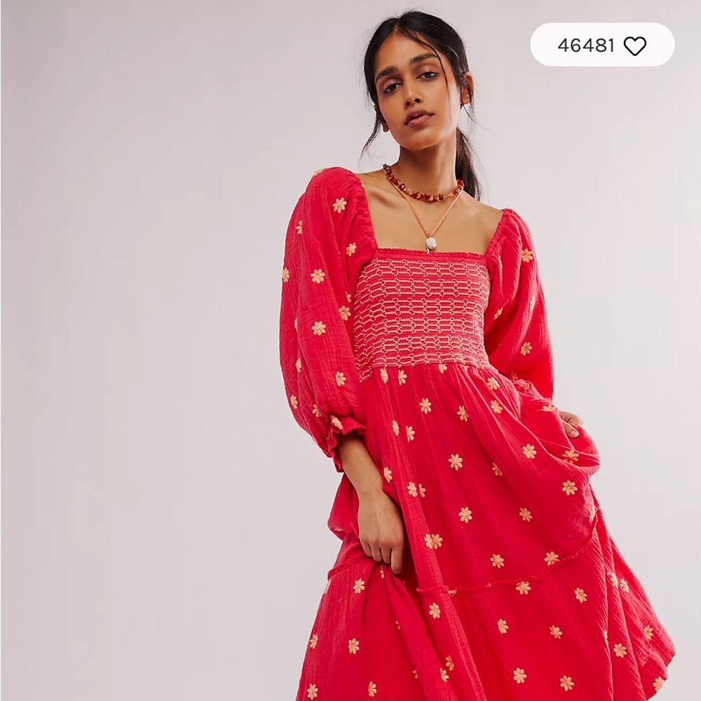 Free People Red and Gold Smocked Sundress with Puff Sleeves